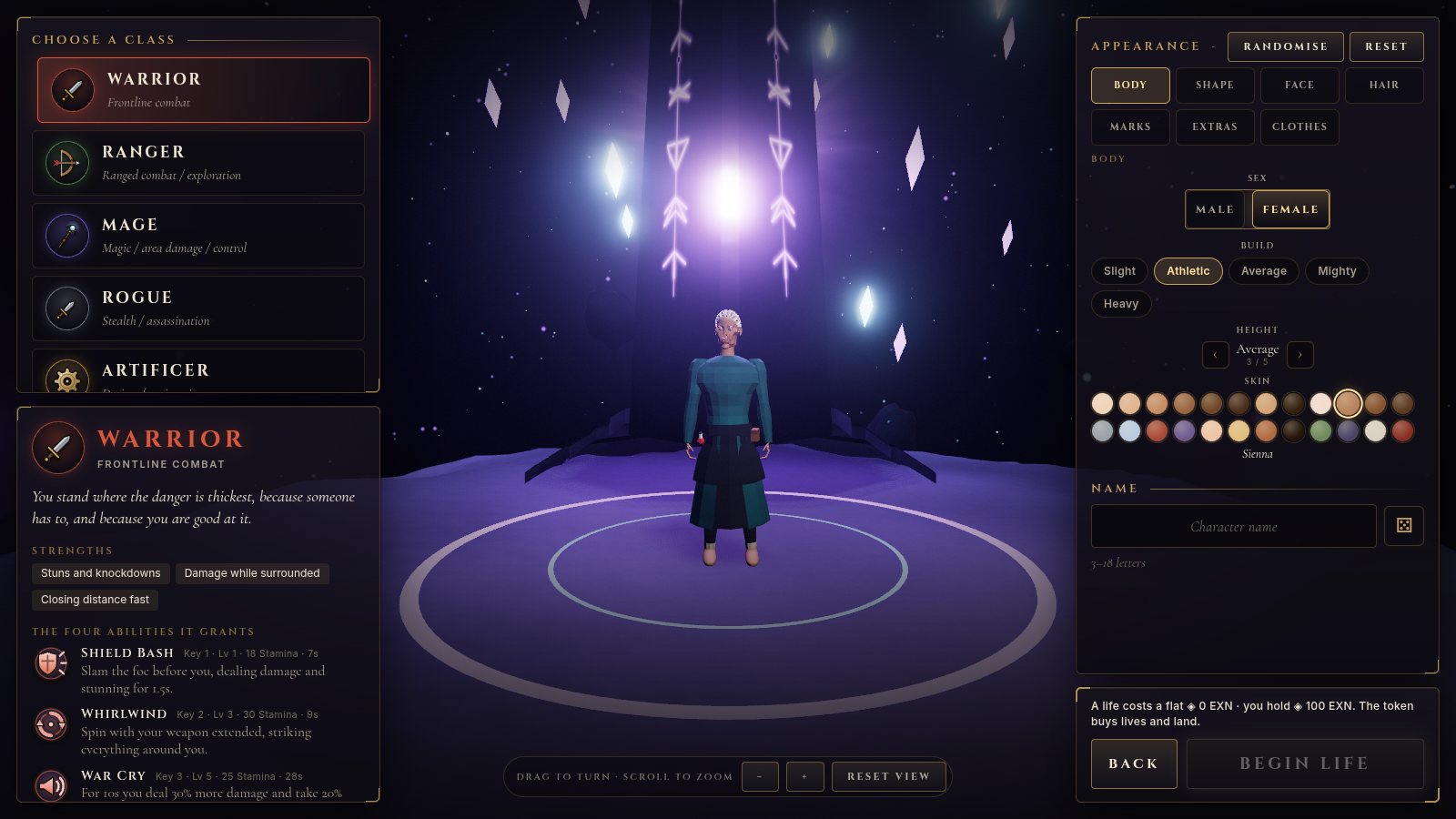 The character creator: a figure standing before the Nihil Stone, with panels for class, body, face, hair, marks and clothes.