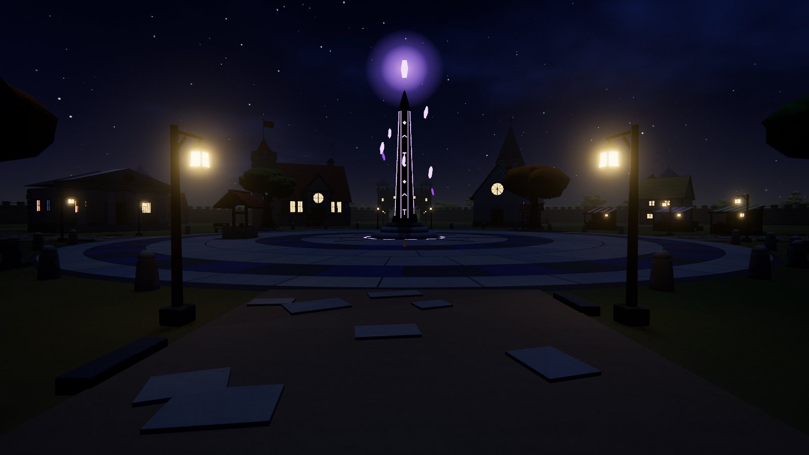 The plaza of Emberfall at night: the Nihil Stone glowing violet, lit lanterns and windows around it.